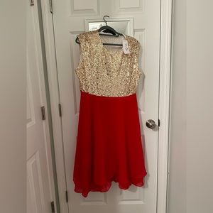 Coral chiffon-like & gold sequin dress, NYT